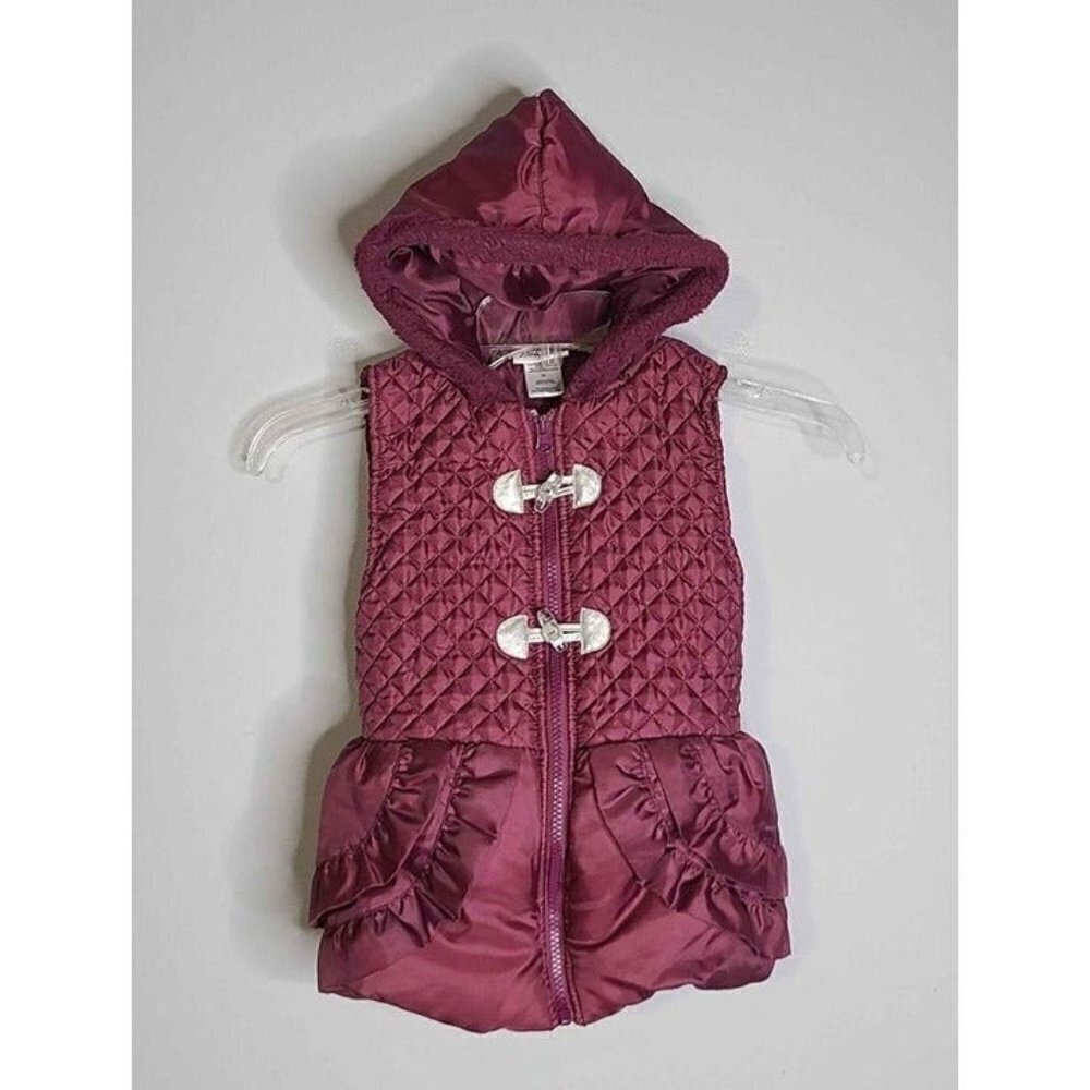 Little Lass Burgundy Peplum Style Quilted Upper Ruffle Skirt Fur Trim Hood Vest
